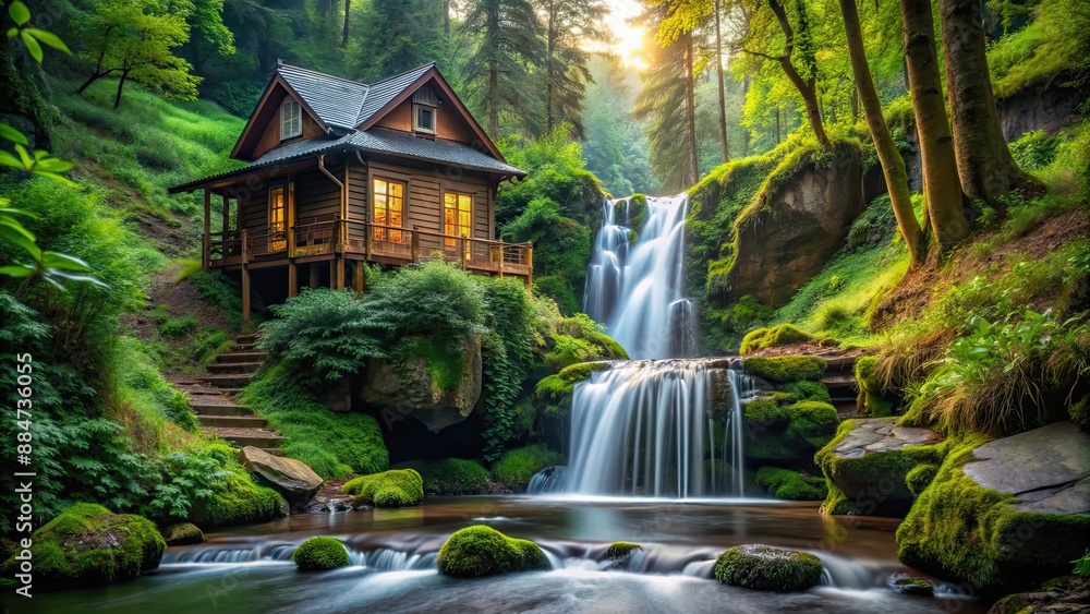 Sticker A picturesque house nestled in a deep forest near a tranquil waterfall, House, forest, trees, nature, waterfall, serene