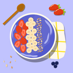 Illustration vector graphic of acai smoothie bowl with banana, blueberries, strawberries and oats vector menu design 