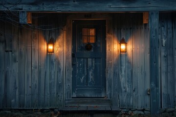 Warm lights flank a rustic door of a charming wooden cottage during the blue hour