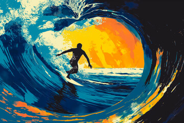 Silhouette of surfer riding big wave barrel on the ocean