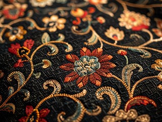 Detailed textile pattern with intricate embroidery, rich colors, and traditional motifs, showcasing craftsmanship