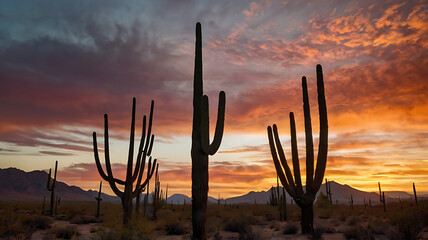 A desert landscape with cacti silhouetted against a fiery sunset, showcasing resilience and natural beauty