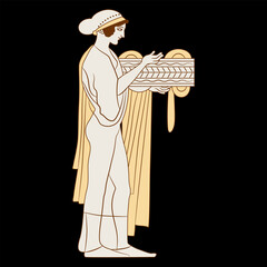Standing Ancient Greek girl in profile holding a box. Pandora. Vase painting style.