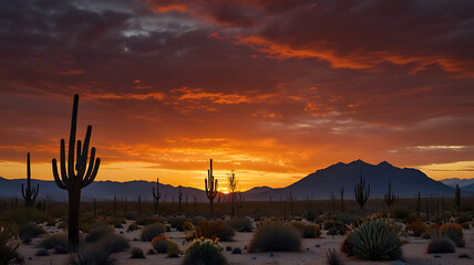 A desert landscape with cacti silhouetted against a fiery sunset, showcasing resilience and natural beauty