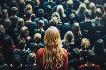 Stand out from the crowd concept with blonde woman standing out from large crowd of people
