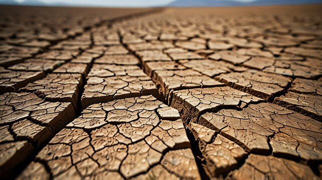 A detailed shot of cracked, parched earth in a drought-stricken landscape