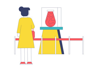Woman looking at pottery crafts. Museum vector illustration