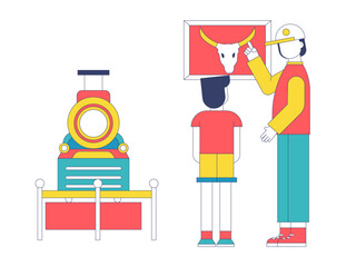 Male walking with her son in art gallery. Museum vector illustration