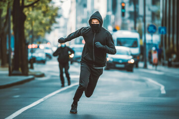 Thief running down the street with police officer chasing. Unrecognizable person in black hoodie and mask running away from police