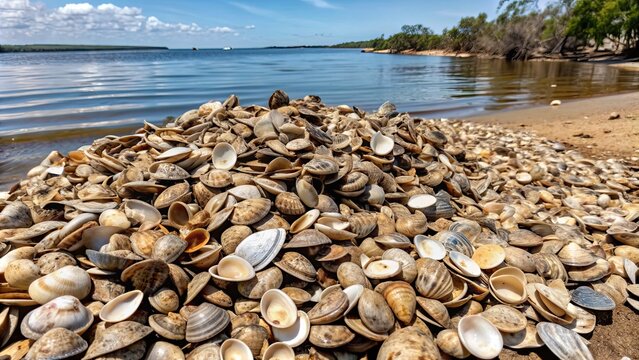 Pile of discarded clam shells in an estuary , shellfish, clam, chirla, estuary, shell