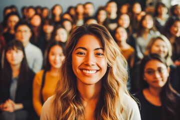 Fototapeta premium Woman in front of a Large group of people smiling at camera