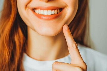 Fototapeta premium Woman pointing finger to showing healthy gums and white teeth
