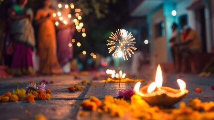 2. A traditional Diwali festival celebration with families lighting diyas and fireworks in a lively neighborhood