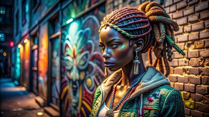 Fototapeta premium Dimly lit urban background showcasing African-inspired cornrowed hairstyle mannequin surrounded by trendy streetwear-themed accessories and graffiti.