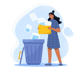 Woman delete files. Young girl stands with folder of files near trash can. Employee and manager clearing space in electronic storage or archive. Flat vector illustration isolated on white background © 100% HAND-CRAFTED