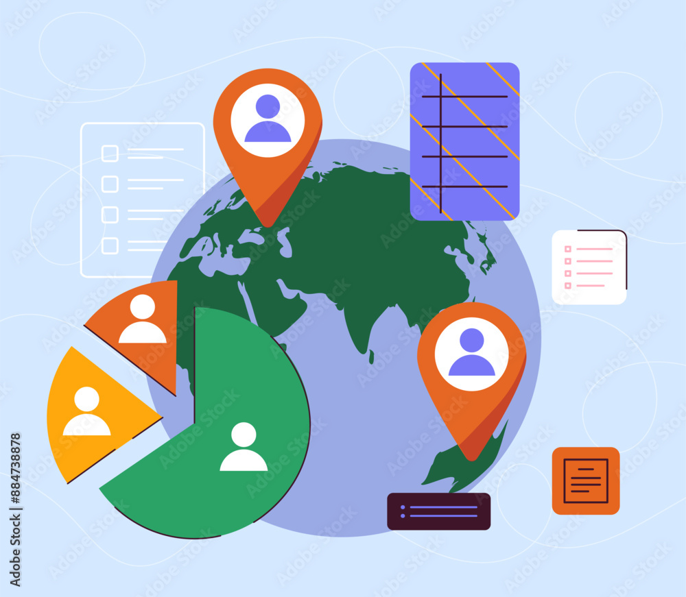 Poster demographics analysis concept. graphs and charts next to planet. statistics and infographics, data v