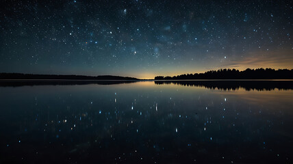 A starry night sky over a tranquil lake, with reflections of distant galaxies shimmering on the water's surface with copy space 