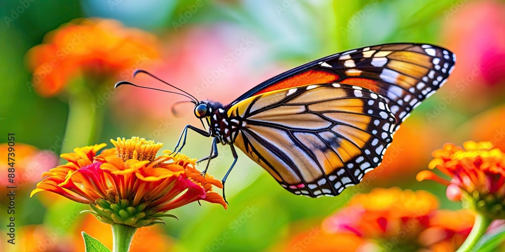 Poster Vibrant close-up of a monarch butterfly perched on a flower, insect, wings, colorful, nature, beauty, vibrant, close-up