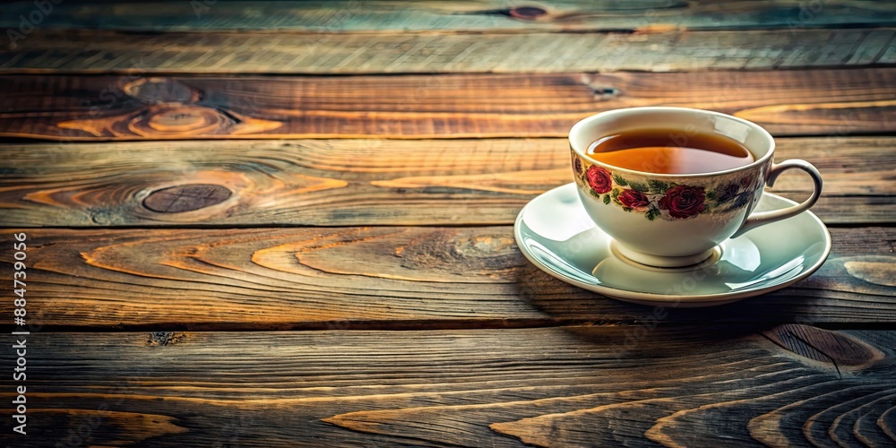 Wall mural Tea cup and saucer sitting on a rustic wooden table, tea, cup, saucer, wooden, table, drink, beverage, hot, cozy, relax