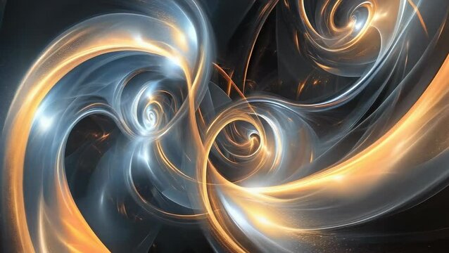 An abstract digital artwork featuring intricate swirling patterns in golden and silver hues. The design is dynamic, appearing to move across a dark background, creating a vibrant and energetic effect.