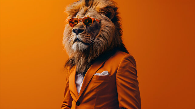 Lion dressed in a suit and sunglasses against an orange background, perfect for business concepts, creative designs, or advertising campaigns. Copy space available.