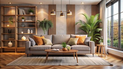Cozy modern living room interior with a plush sofa, minimalist decor, and a warm, inviting atmosphere for relaxation.