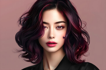 Striking close-up of a woman with vibrant wavy hair and confident expression. Ideal for beauty salons, fashion brands, and editorial content. Ample copy space.