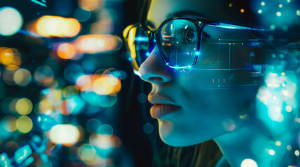 Naklejka premium Young woman wearing eyeglasses browsing a futuristic immersive digital world
