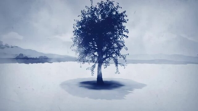 Retro technology Digital art ancient landscape Painting Traditional Ink Style of beautiful tear water tree grow brain human head science