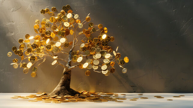 Golden coin tree on a minimalist background representing wealth, prosperity, and financial growth, ideal for financial services marketing or inspirational decor. Abundant copy space.