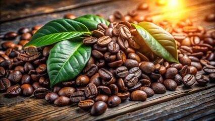 Obraz premium Aromatic dark brown coffee beans scattered on rustic wooden surface surrounded by green leaves and soft warm lighting ambiance.