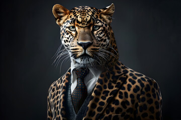 Fototapeta premium Leopard dressed in a full-length business suit against a dark background. Ideal for corporate, abstract concepts, marketing campaigns, and creative projects.