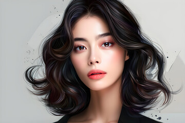 Naklejka premium Stunning woman with wavy hairstyle and flawless makeup, perfect for beauty, fashion, and lifestyle campaigns. Minimalist backdrop offers ample copy space.