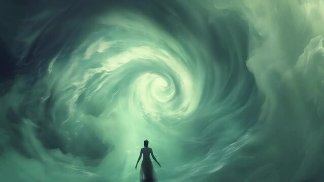 A woman gazes at a mystical swirling vortex, surrounded by ethereal clouds. She wears a dark dress, standing solitary, suggesting a sense of wonder. The scene exudes a magical and otherworldly