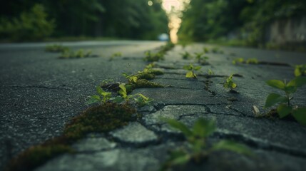 Fototapeta premium A low-angle close-up shot of a deserted highway road being reclaimed by nature, with weeds and small trees growing through the cracks in the asphalt