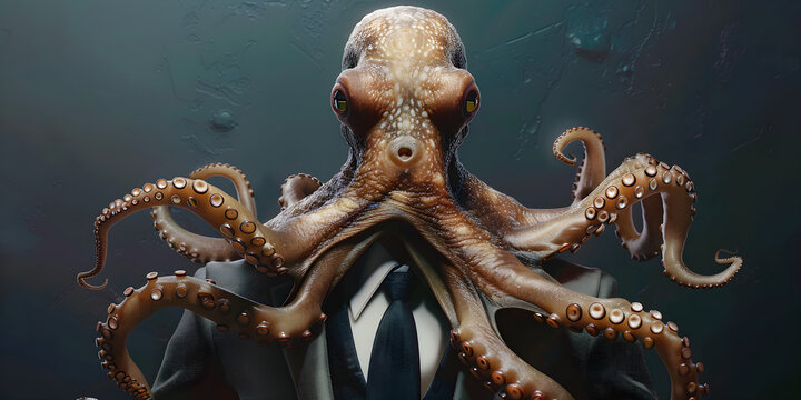 Surreal octopus in business suit with tentacles spread wide, blending marine life with corporate identity. Ideal for creative branding, concepts of multitasking, and innovation.