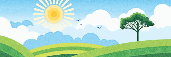 Gardinen View of summer landscape, green meadows and hills, picturesque sky and sun, vector illustration © Valerii