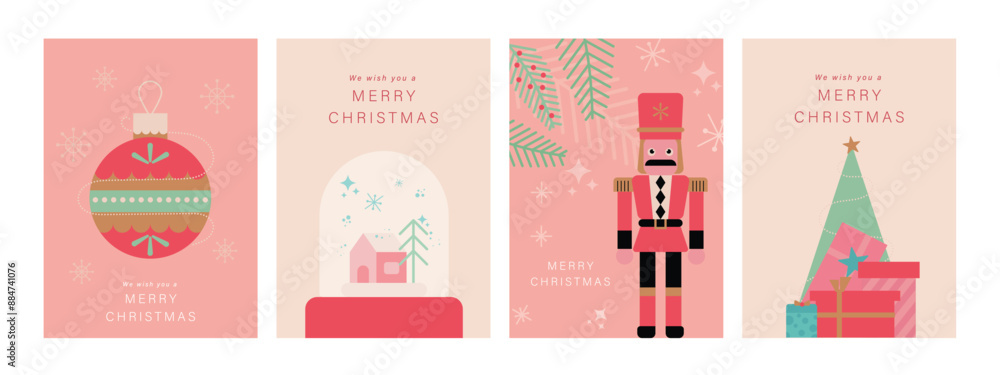 Wall mural set of christmas and happy new year holiday card vector. elegant element of nutcracker, christmas ba