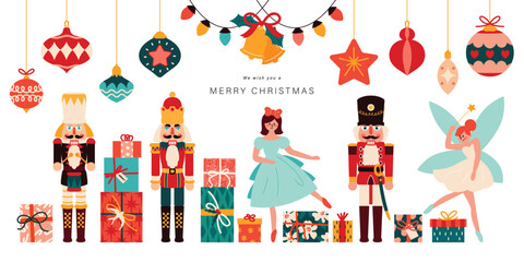 Merry Christmas and happy new year concept background vector. Collection of nutcracker, christmas Ballet, christmas bauble, bell, gift. Design suitable for banner, invitation, decoration. © babeer