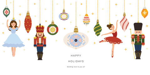Merry Christmas and happy new year concept background vector. Collection of nutcracker, christmas Ballet, christmas bauble, twinkling stars. Design suitable for banner, invitation, decoration. © babeer