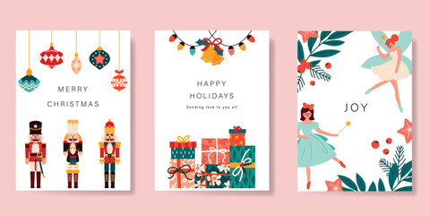 Set of Christmas and Happy new year holiday card vector. Elegant element of nutcracker, christmas ballet, christmas bauble, leaves on white background. Design illustration for cover, banner, poster.