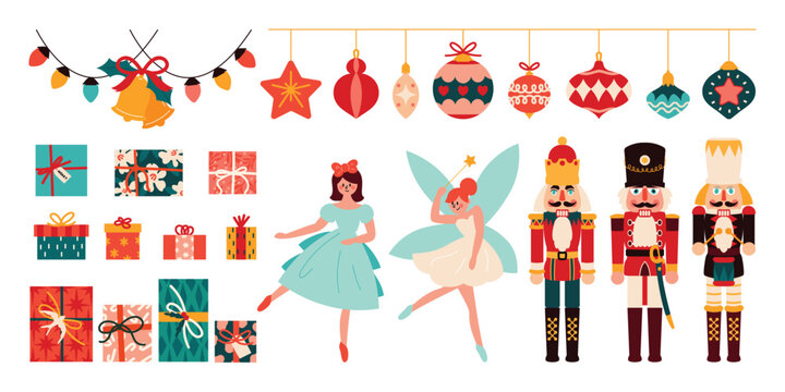 Merry Christmas and happy new year element vector set. Collection of nutcracker, christmas Ballet, gift, christmas buable, bell, hanging decorative. Design suitable for banner, invitation, decoration.