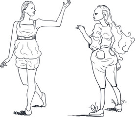 Two female characters with different poses with dresses.
