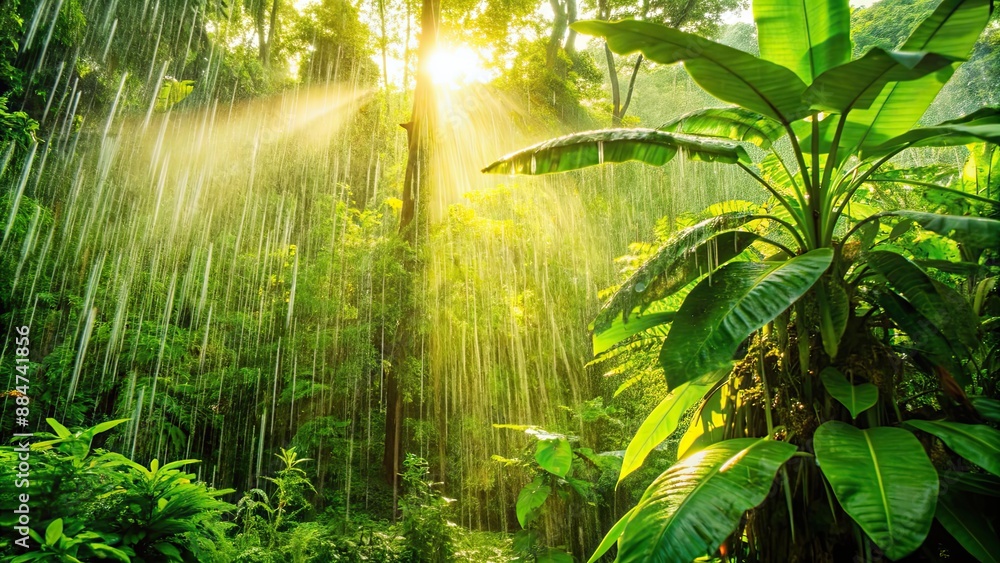 Sticker Backlit green plants in a tropical rainforest with rain, water, and sunrays , tropical, rainforest, green, plants, backlit