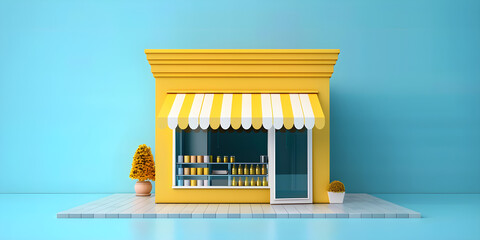 3d yellow white booth shop icon or empty retail store front with striped awning isolated on blue. Perfect for marketing, graphic design, e-commerce mockups.