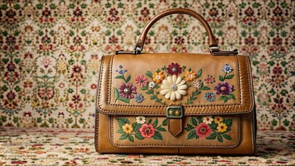 Vintage leather handbag with intricate floral embroidery and antique charm , ornate, floral, embroidered, vintage, leather