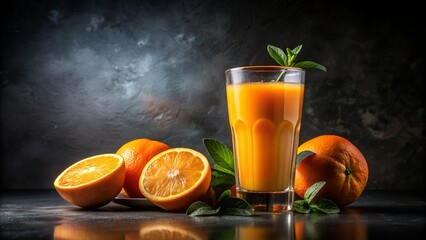 Refreshing glass of vibrant orange juice stands out against a dark and mysterious dramatic black background setting.