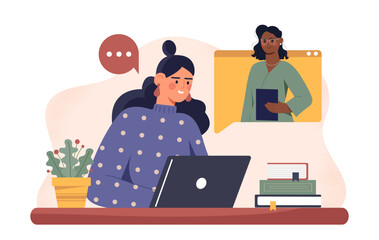 Woman with remote education. Young girl with laptop listens to lecture on Internet. Online learning and training. Course and master class. University or college. Flat vector illustration