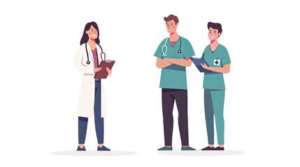 Minimalist illustration of a female doctor with a stethoscope and a male nurse holding a clipboard, standing side by side, clean lines and flat colors, white background, simple and modern style,