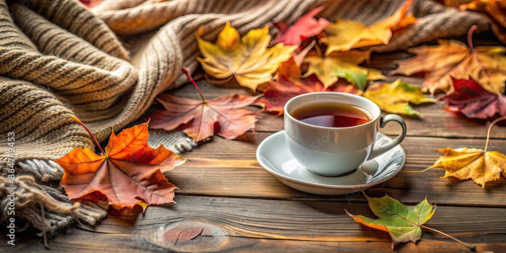 Sticker Cozy autumnal setting with a cup of tea and leaves , cozy, autumn, interior, warm, relaxation, fall, foliage, cup